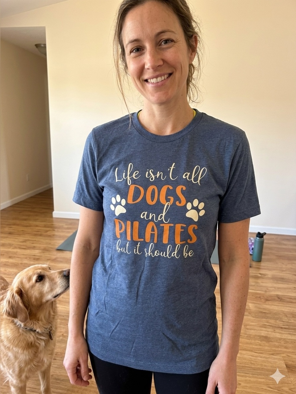 Bella Canvas Blue Tee with Orange & Cream 'Dogs and Pilates' Design